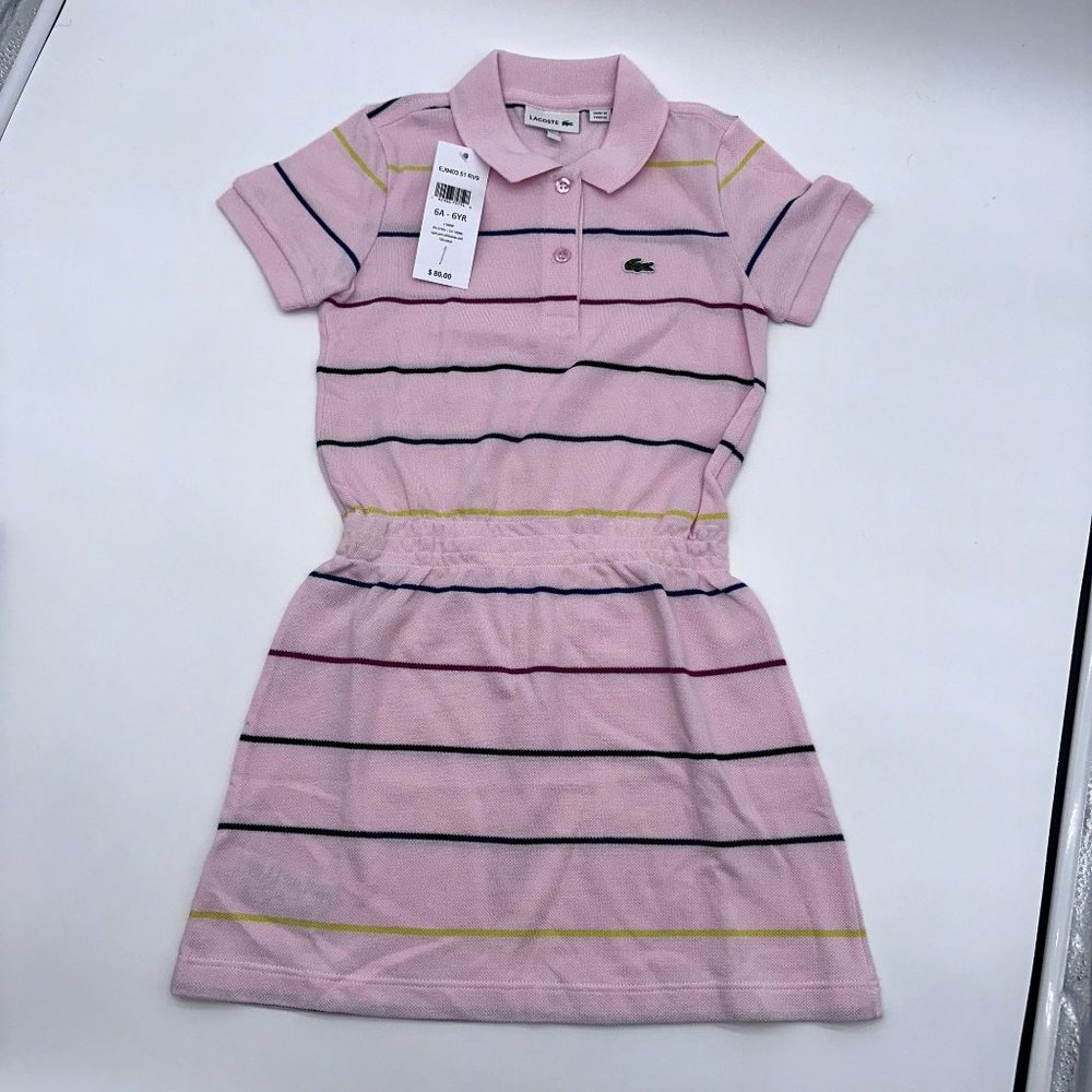 NWT Lacoste Girls Polo Pink Dress Size 6 Stripe $80 EJ9403